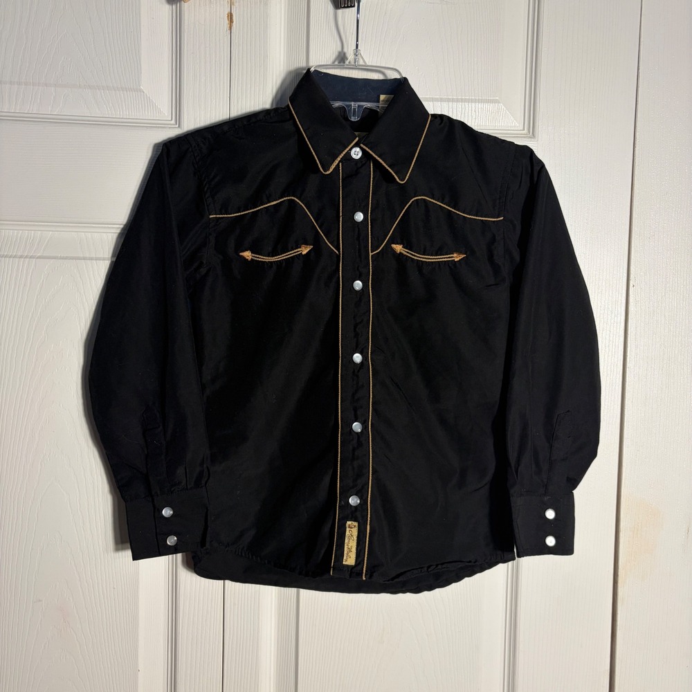 Larry Mahan Pearl Snap Shirt Boys M 10-12 Black Western Piping Cowboy Collection